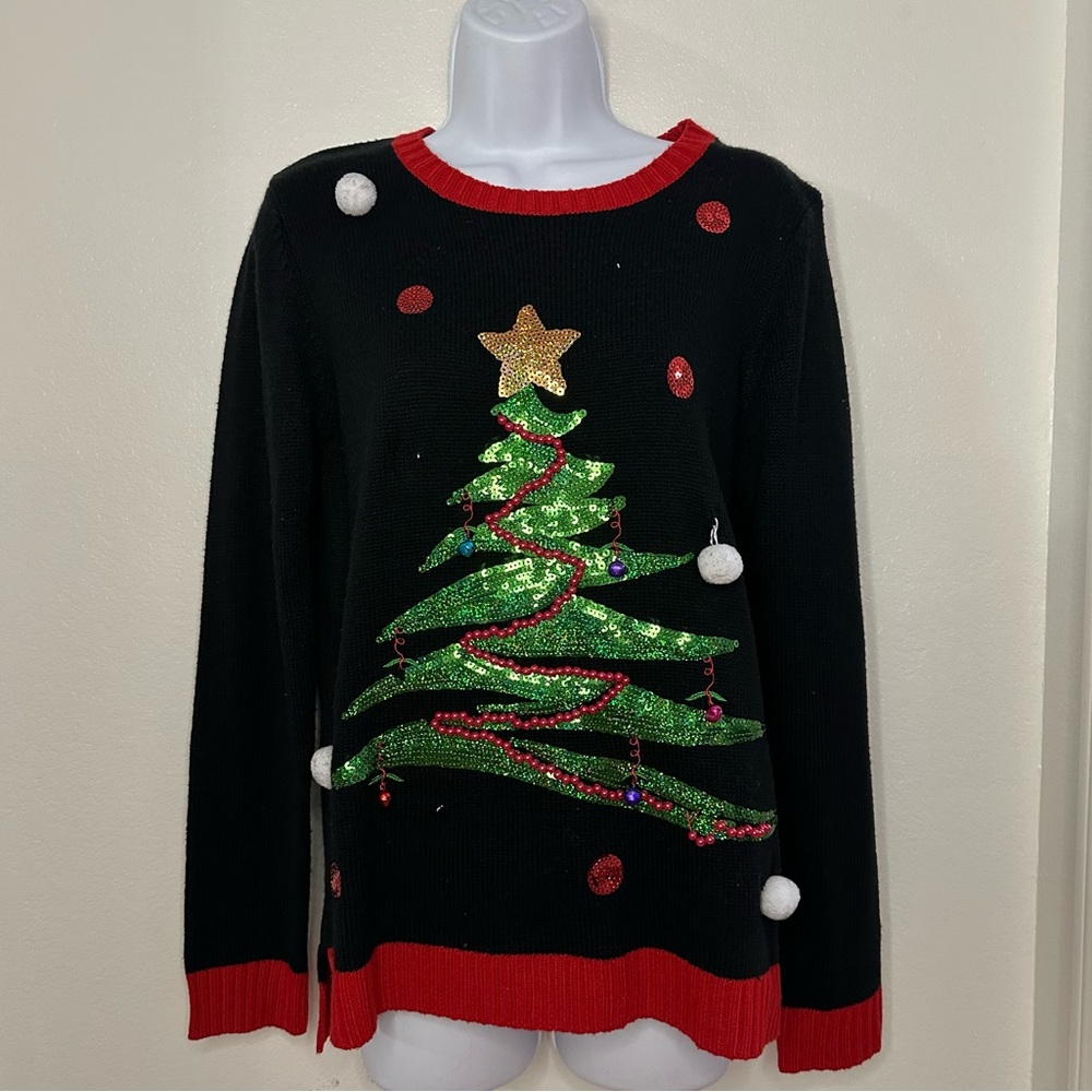 Holiday Time Women’s Festive Ugly Christmas Sweater Sequence Christmas Tree Sz S